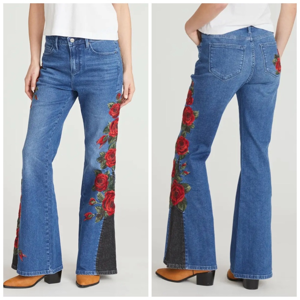 Driftwood Free People Farrah Embroidered Floral Midnight Rose Flare Jeans Sz 30
